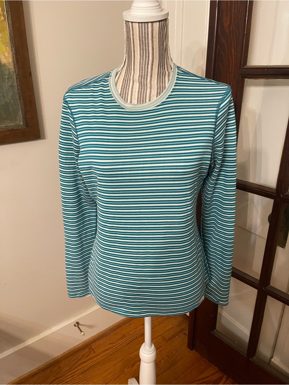 Patagonia Teal and White Striped Long-Sleeve Crew Top
